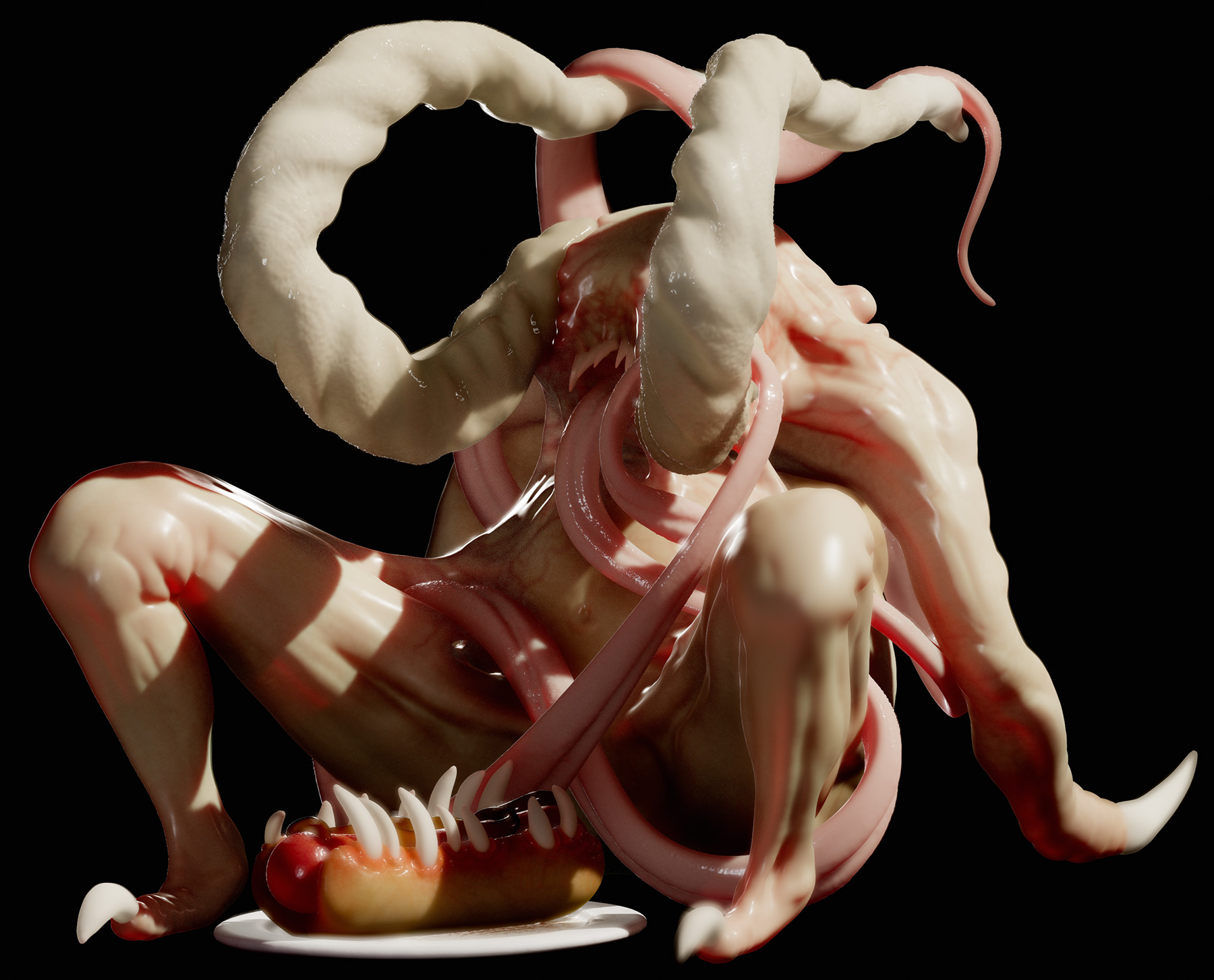 image of a naked and depressed demon with his elongated tongue wrapping around him