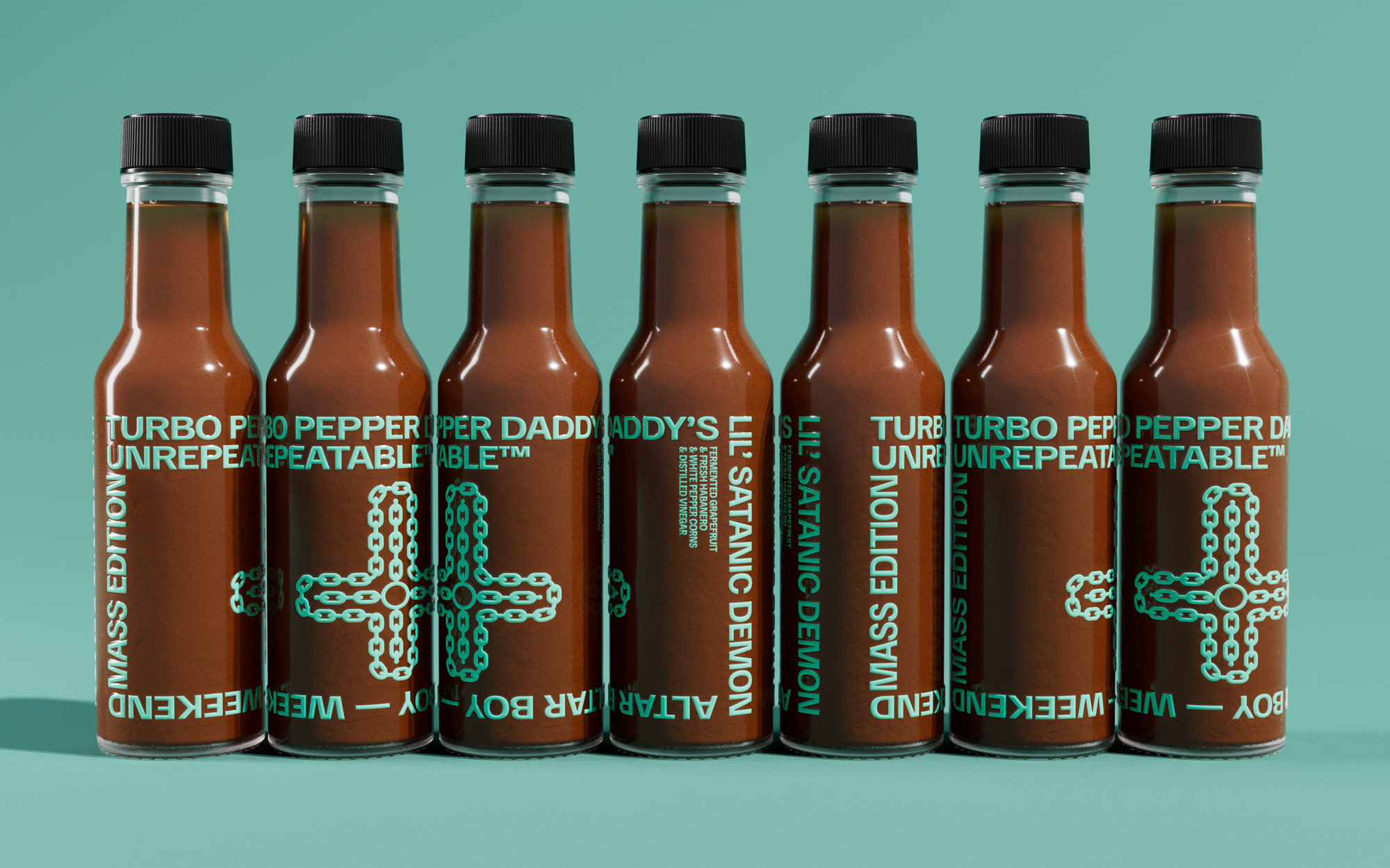 illustration of hot sauces with lude names - Turbo Pepper Daddy's Lil' Satanic Demon Altar Boy Weekend Mass Edition