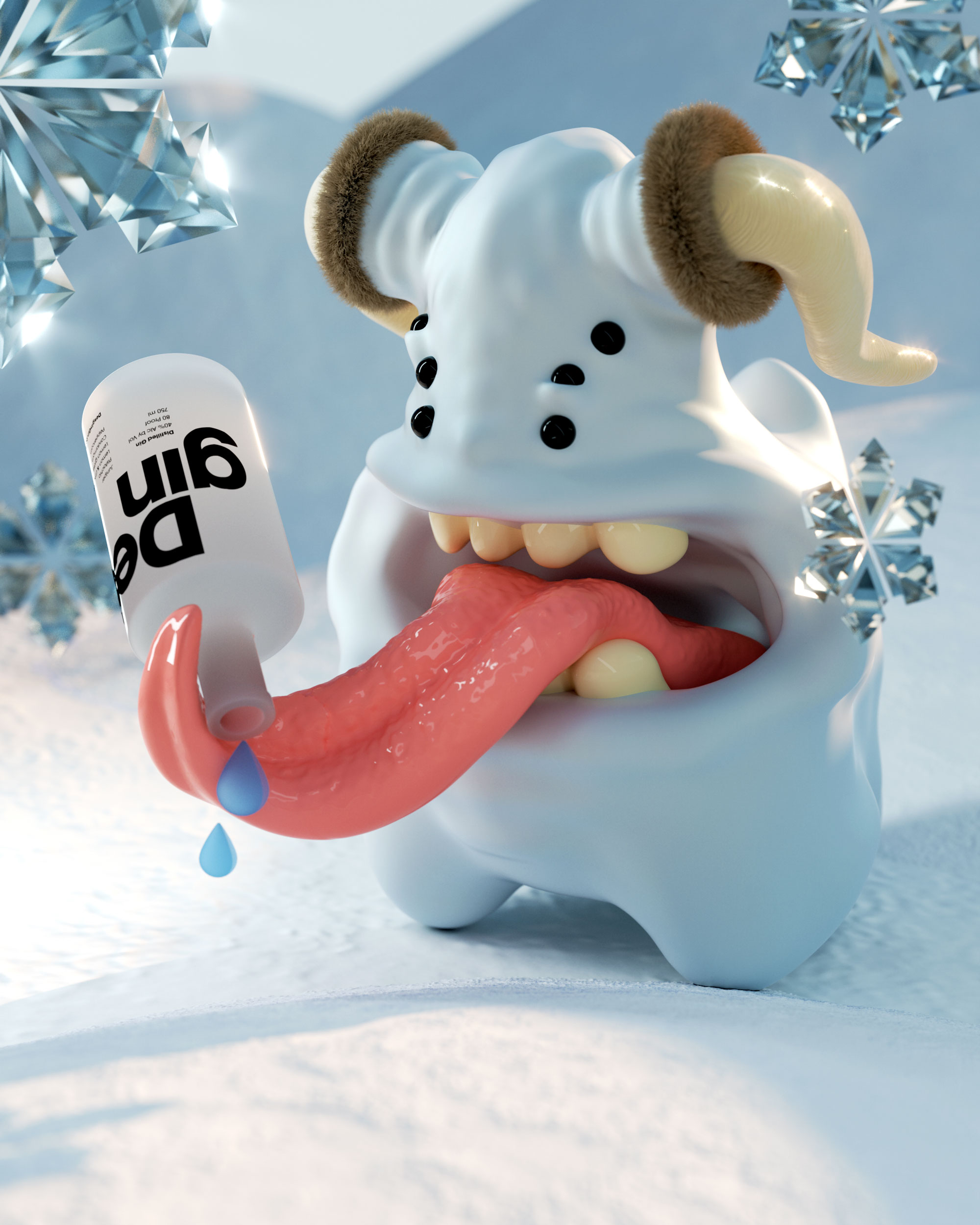 image of a toy yeti drinking with his tongue